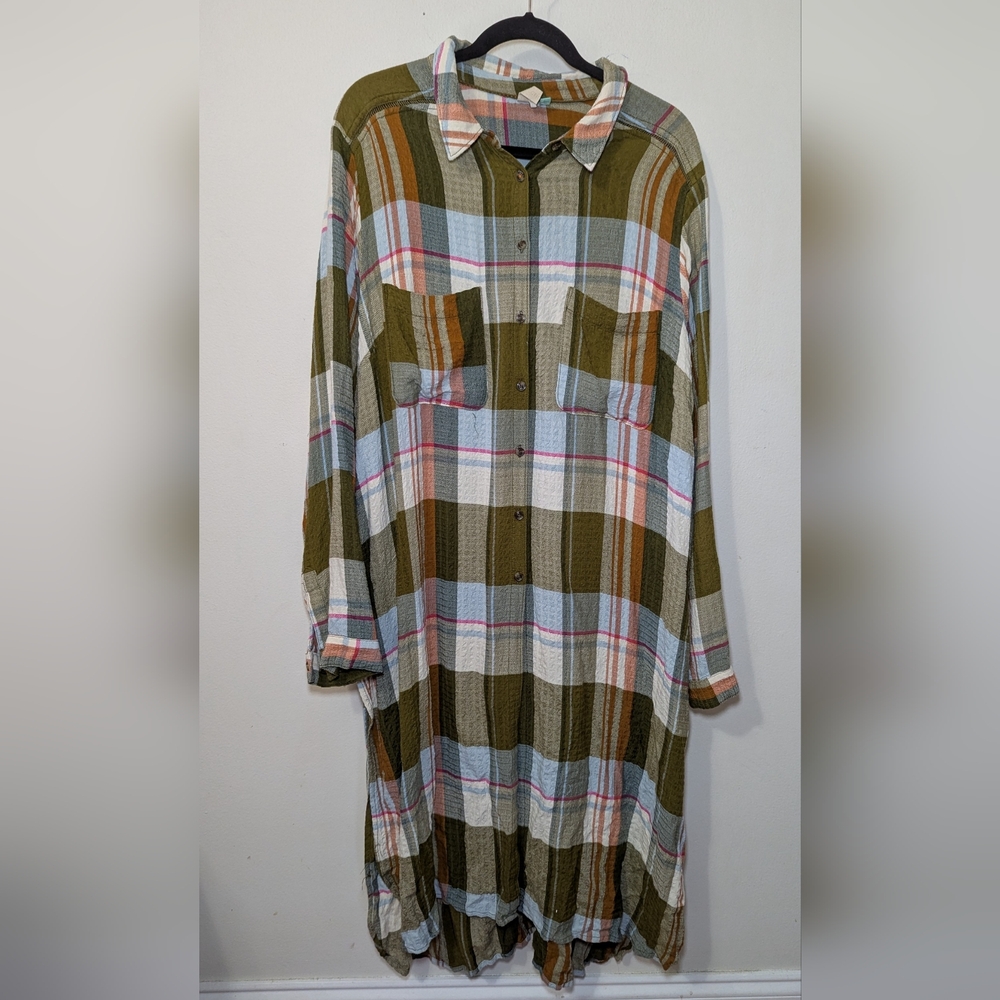 Anthropologie Pilcro Side-Slit Maxi Tunic Buttondown Plaid Green Women's Size 2X - Picture 1 of 8